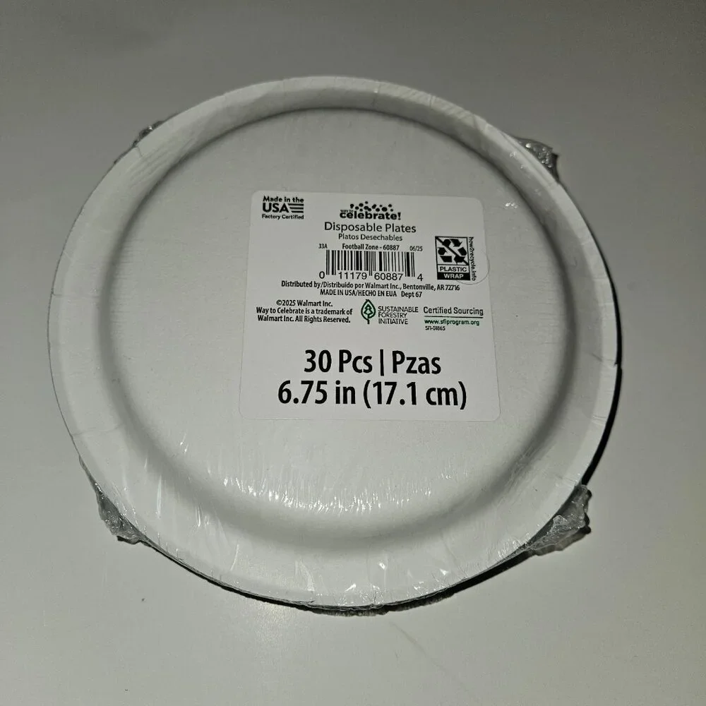 NEW 3 Pkgs Paper Plates Lot (30/pk) Football Touchdown Party Green White 6.75